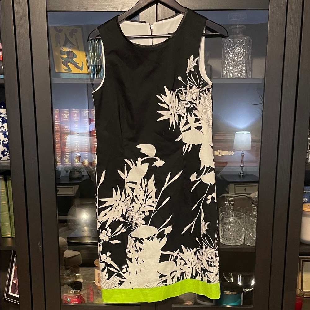 Chic Black and White Floral Dress with Lime Detail
